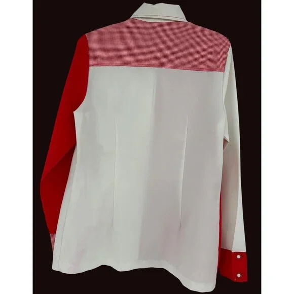 Vintage 70s Red & White Western Shirt Houndstooth Accents Snap Buttons  Est Sz M - Picture 3 of 6